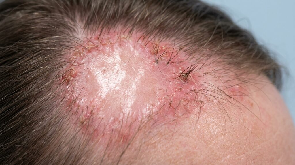 Scalp close-up showing permanent follicle damage and scar tissue from cicatricial alopecia assessed at Romford clinic