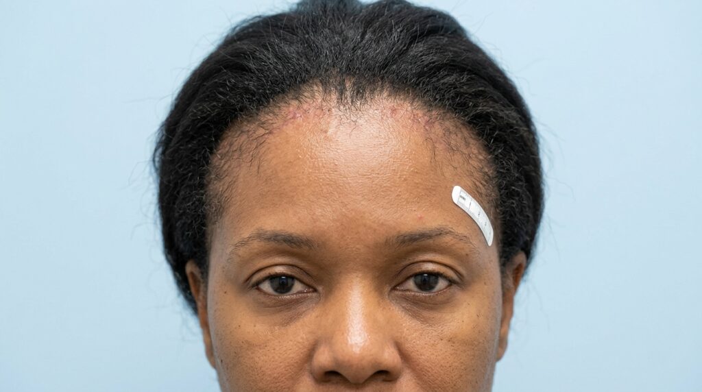 Female hairline showing receded edges and sparse hair from traction alopecia treated at Skin Esthetics Romford