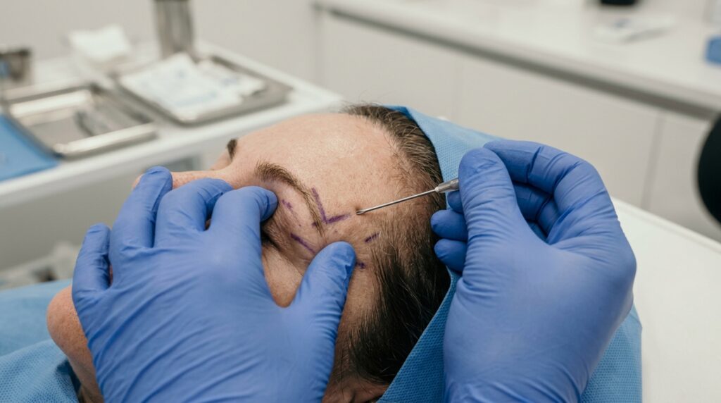 PDO thread brow lift procedure showing cannula placement at hairline for mechanical brow elevation at Skin Esthetics Clinic Romford