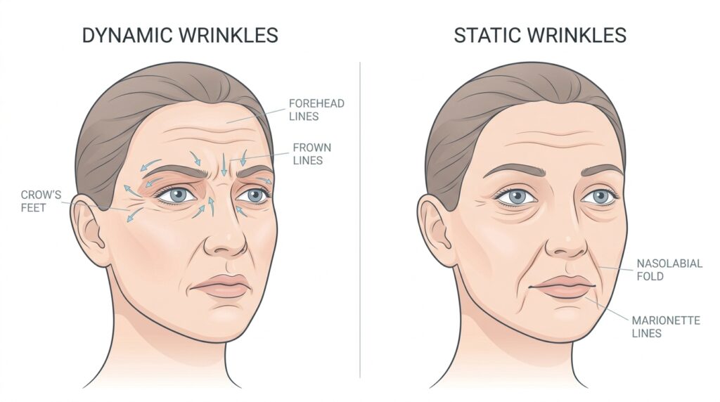 Medical illustration comparing dynamic wrinkles caused by muscle movement versus static wrinkles caused by volume loss and collagen decline