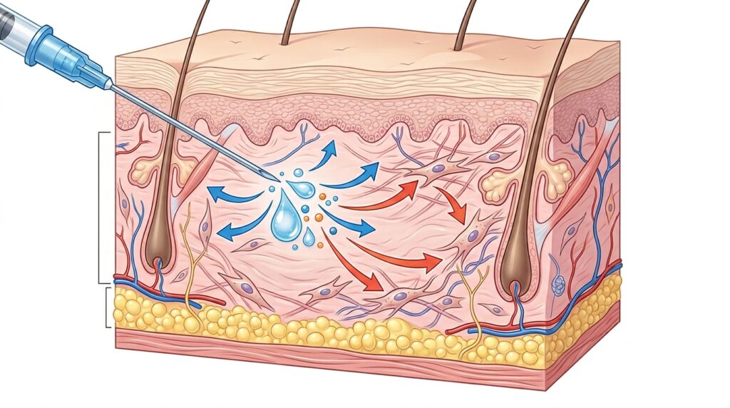 Medical illustration showing hyaluronic acid skin boosters delivering hydration and stimulating collagen in the dermis