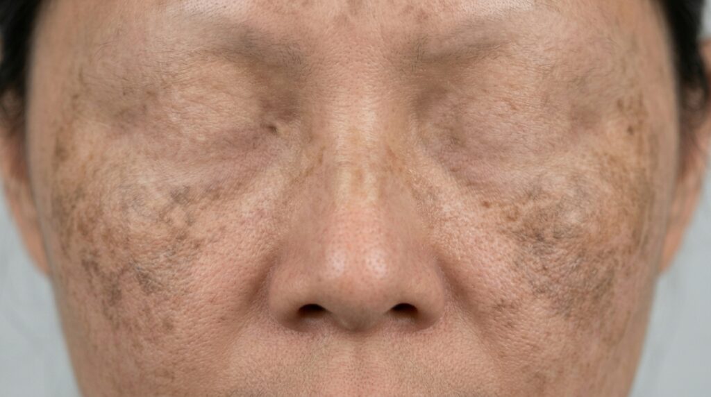 Clinical close-up showing melasma brown patches on cheeks and forehead treated at Skin Esthetics Clinic Romford