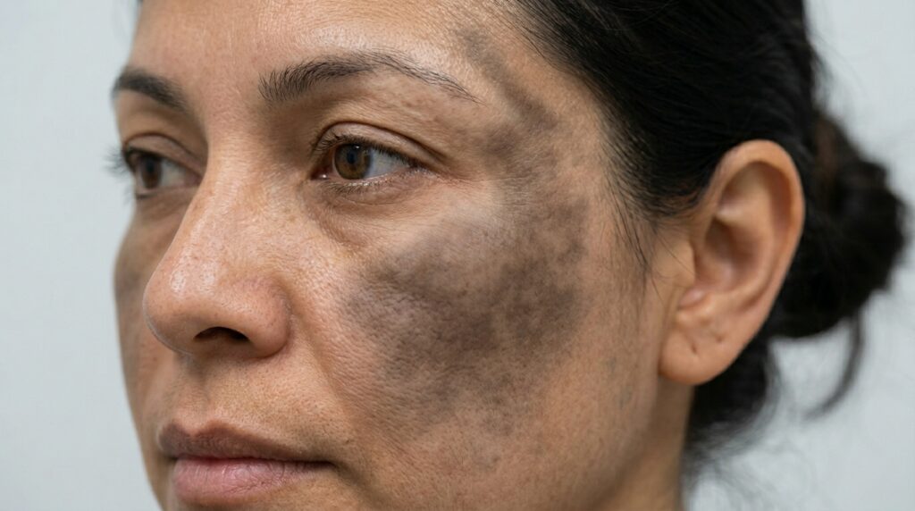 Clinical close-up showing dermal melasma blue-grey ash-coloured patches with soft undefined edges on female face treated at Skin Esthetics Clinic Romford