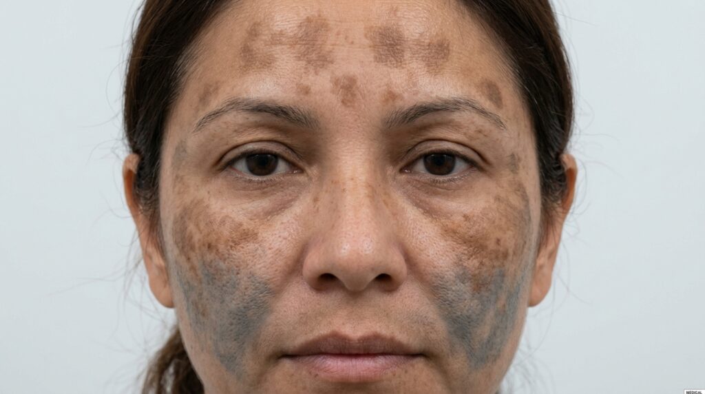 Clinical close-up showing mixed melasma combining epidermal brown and dermal grey patches on female face treated at Skin Esthetics Clinic Romford