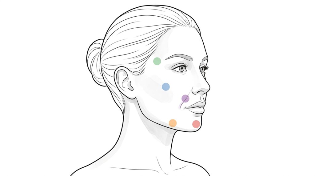 Medical diagram showing Sculptra facial treatment areas including cheeks temples jawline and nasolabial folds at Skin Esthetics Clinic Romford