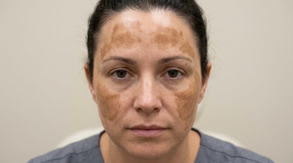Clinical close-up showing epidermal melasma clearly defined tan to dark brown patches on female face treated at Skin Esthetics Clinic Romford