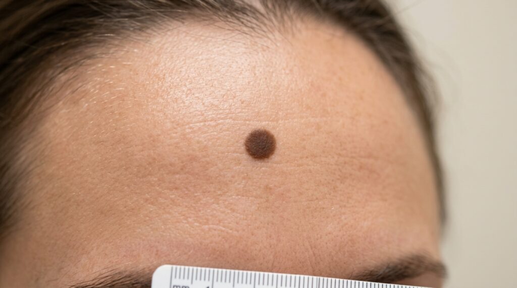 Flat dark brown mole on forehead with ruler for size reference