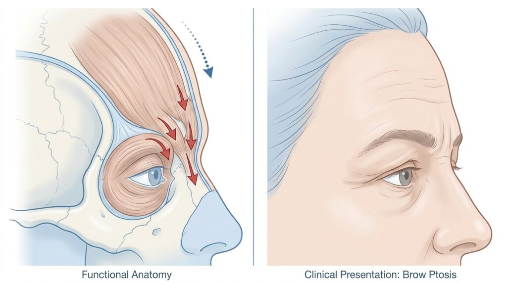 Medical illustration showing brow descent caused by weakening frontalis muscle and downward pull of depressor muscles leading to hooded eyes