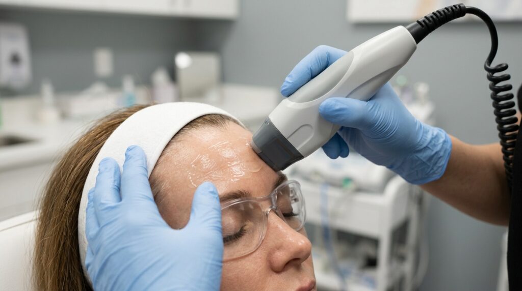 Aesthetic practitioner applying HIFU treatment to forehead and brow area for non-surgical eyebrow lift at Skin Esthetics Clinic Romford