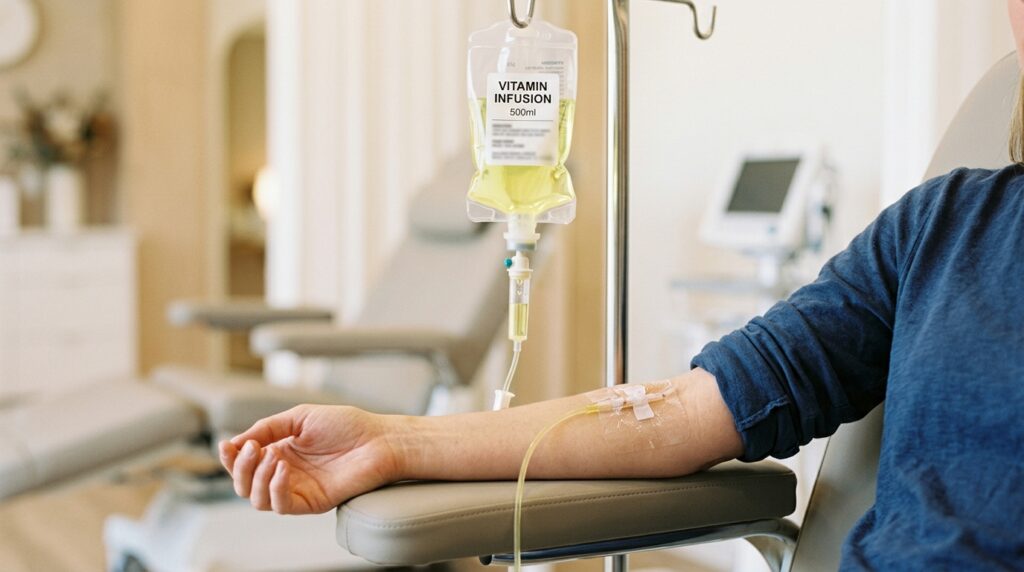 Close-up clinical photo of a clear IV drip bag containing a pale yellow vitamin solution hanging on a drip stand connected via clear tubing to a cannula placed in the inner arm of a relaxed female patient. Patient sitting comfortably in a modern clinic chair. Clean modern clinic interior slightly blurred in background. Soft warm clinical lighting. Professional medical aesthetics photography style. No full face visible. Photorealistic.