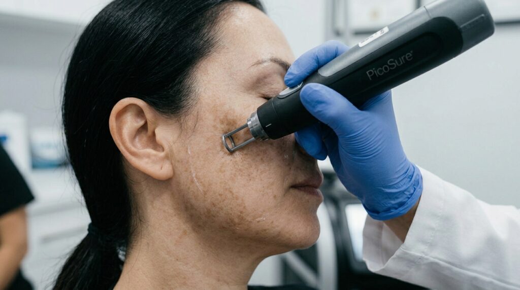 Practitioner performing PicoSure laser melasma treatment on female patient at Skin Esthetics Clinic Romford