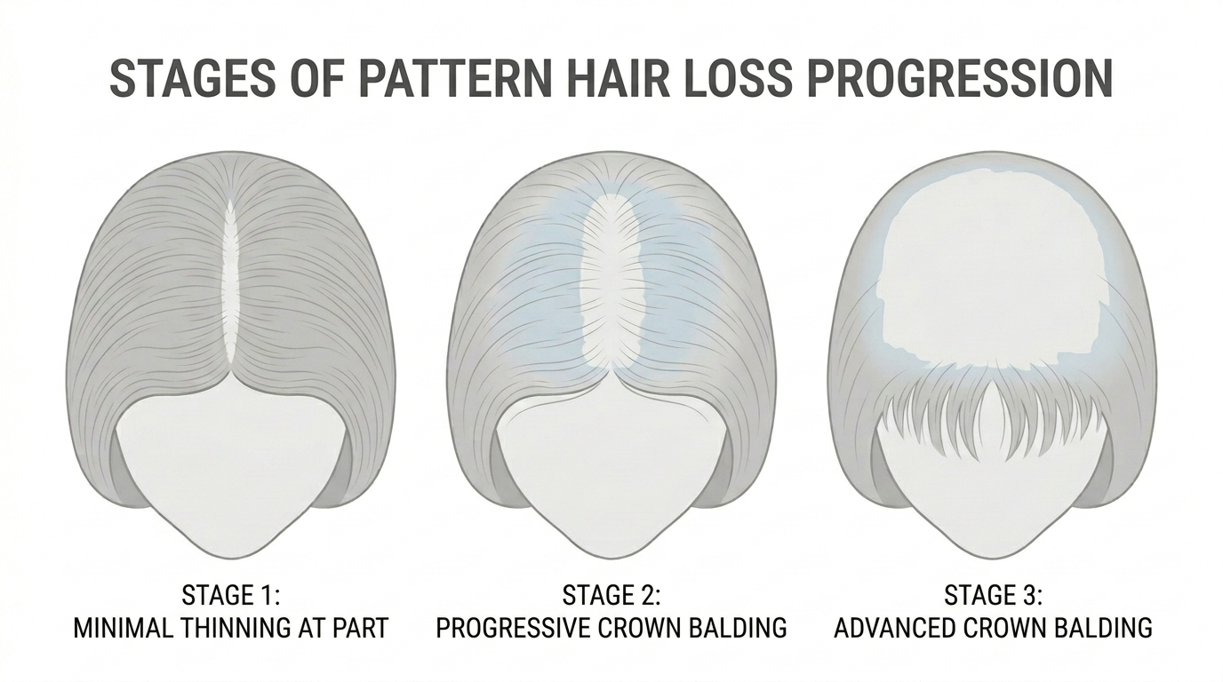 Medical illustration showing Ludwig scale female pattern hair thinning progression stages treated at Skin Esthetics Clinic Romford