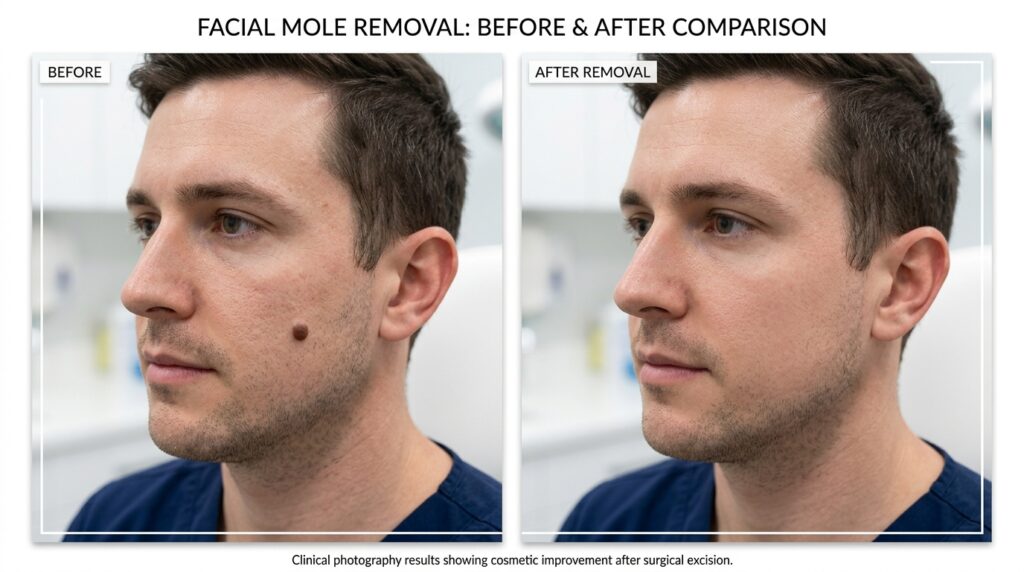 Before and after comparison of facial mole removal on male patient
