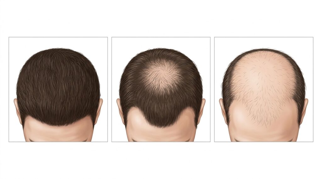 Medical illustration showing male pattern baldness androgenetic alopecia progression stages treated with microneedling at Skin Esthetics Clinic Romford