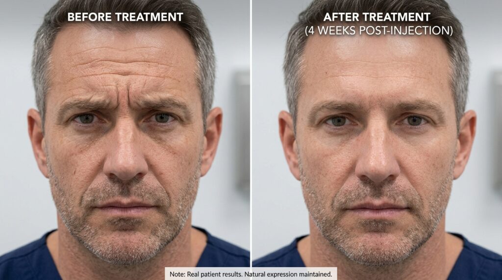Real clinical before and after showing smoothed forehead and frown lines after male anti-wrinkle injection treatment at Skin Esthetics Clinic Romford