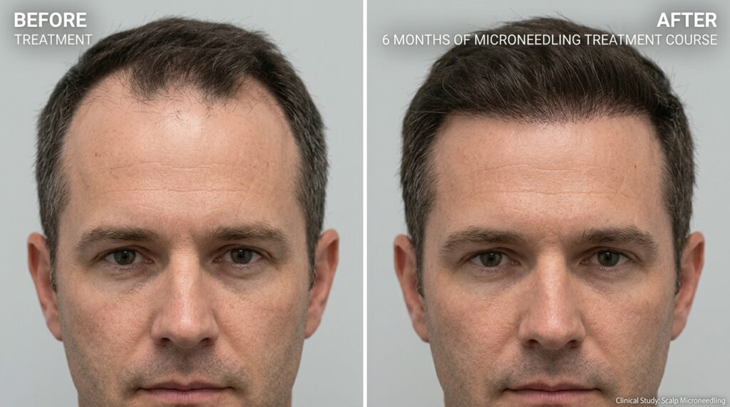 Real clinical before and after photo showing improved receding hairline after microneedling treatment at Skin Esthetics Clinic Romford