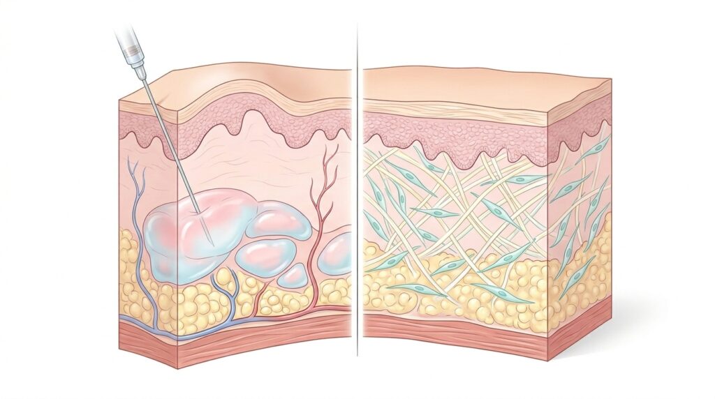 Medical illustration comparing Sculptra collagen stimulation versus immediate dermal filler volume addition