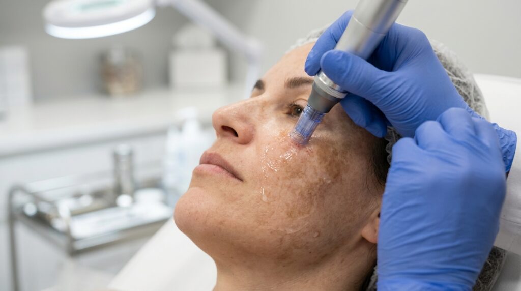 Practitioner performing microneedling treatment on female patient with melasma pigmentation at Skin Esthetics Clinic Romford