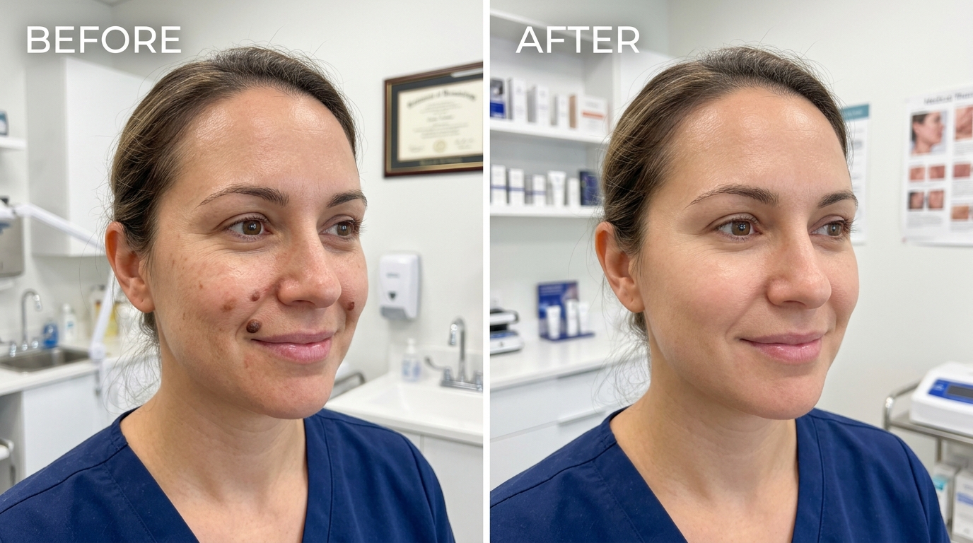 Before and after facial mole removal results on female patient