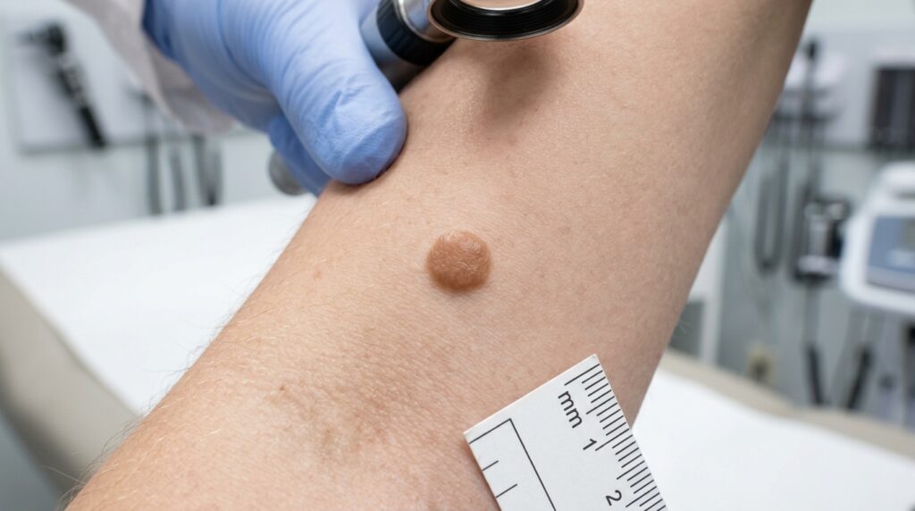 Raised brown mole on forearm being measured during skin assessment