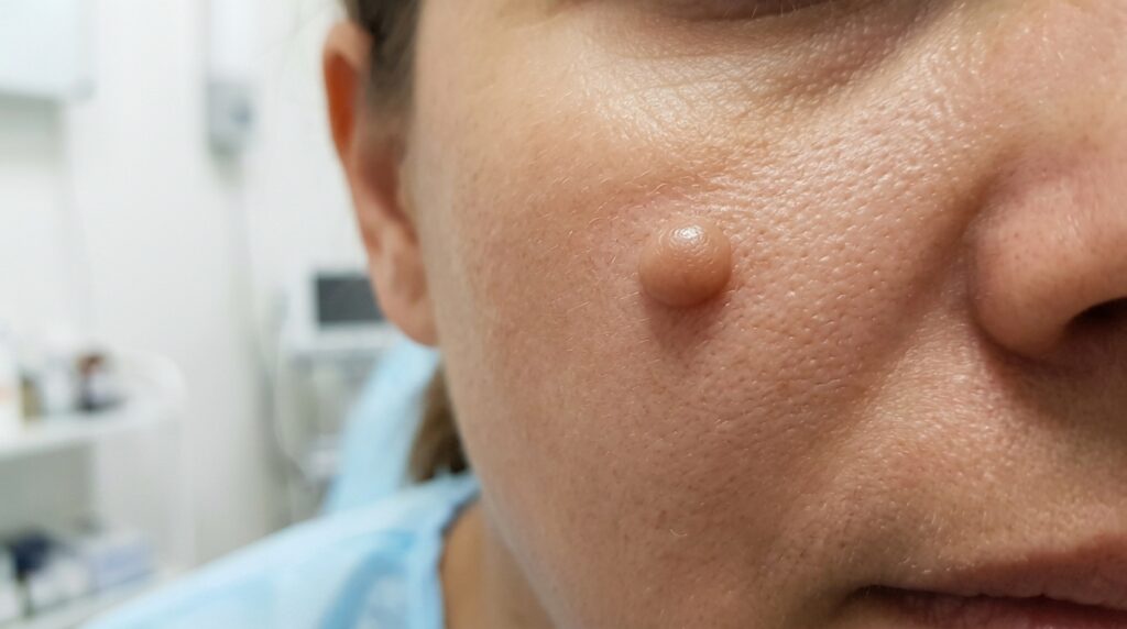 Close-up of raised skin-coloured intradermal mole on cheek