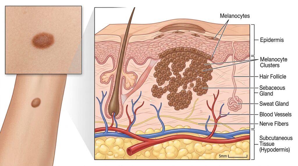 Diagram showing a mole on skin and melanocyte clusters beneath the surface