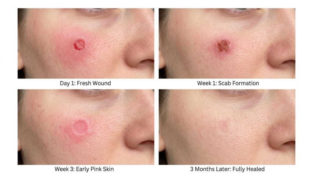 Mole removal healing stages from fresh wound to fully healed skin