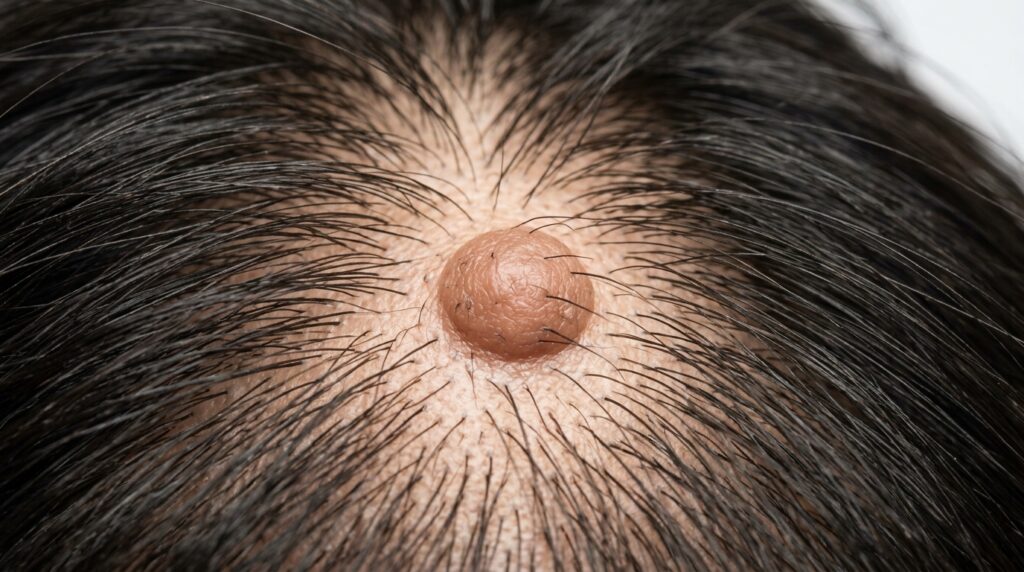 Close-up of hairy mole on scalp surrounded by hair follicles