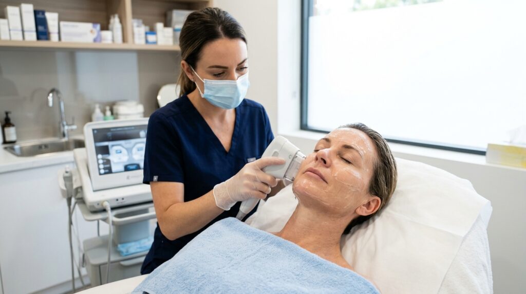 Practitioner performing HIFU full face treatment on a woman in a clinic