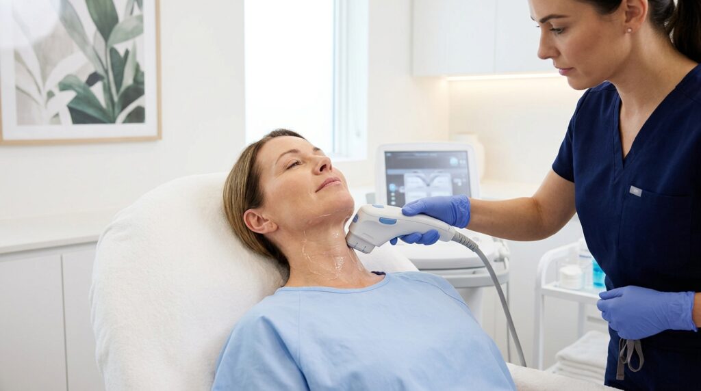 Practitioner performing HIFU neck tightening treatment on a woman in a clinic