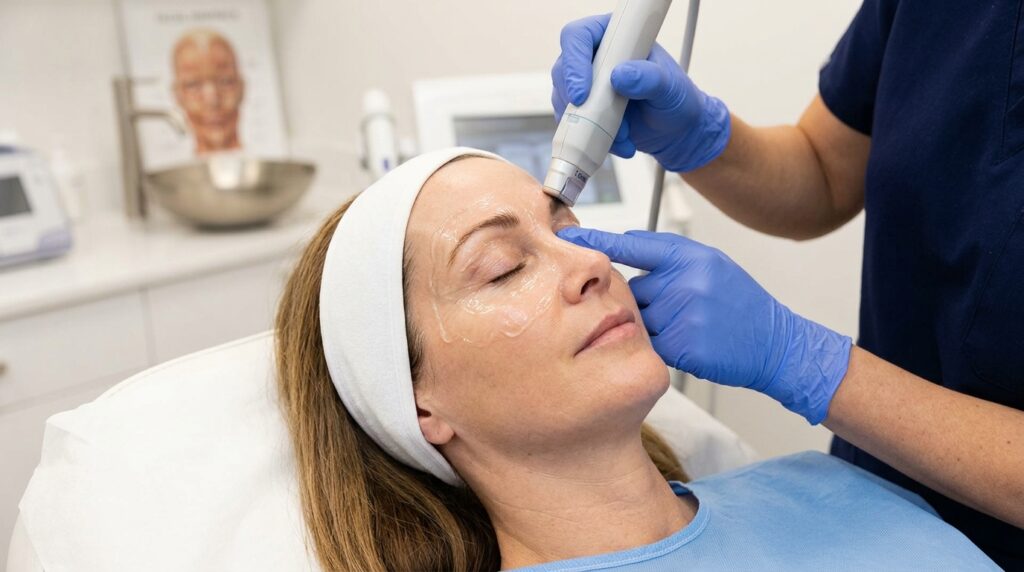 Close-up of HIFU eye lift treatment around the upper eye area