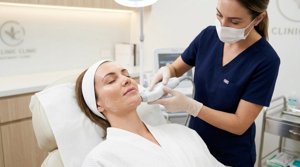 Practitioner using HIFU device on a woman's lower face and jawline during skin tightening treatment