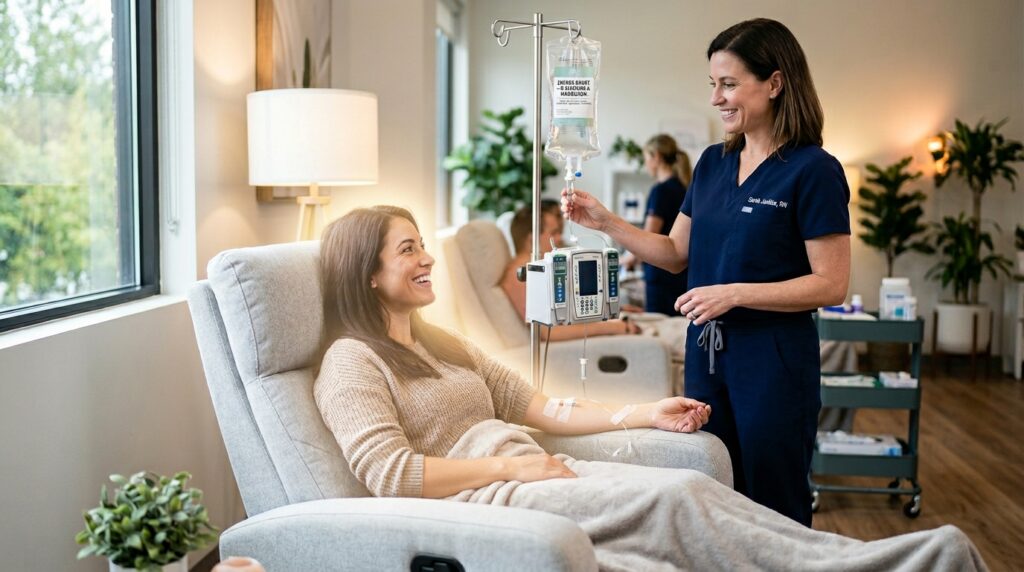 Patient receiving energy boost IV drip with B vitamins, magnesium, and amino acids to restore cellular energy and reduce fatigue.