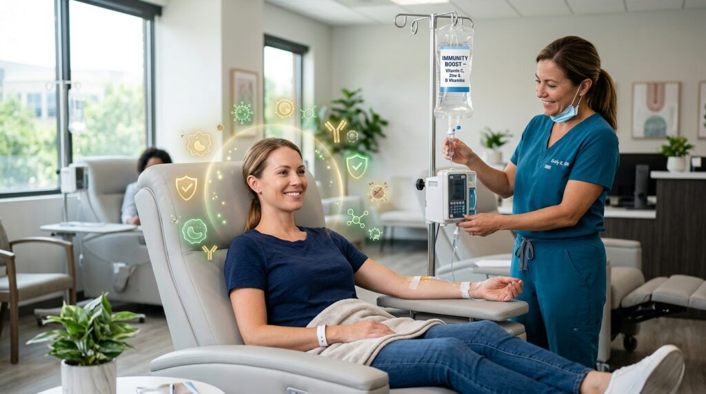 Patient receiving immunity boost IV drip with high-dose vitamin C, zinc, and B vitamins to strengthen immune function at the cellular level.