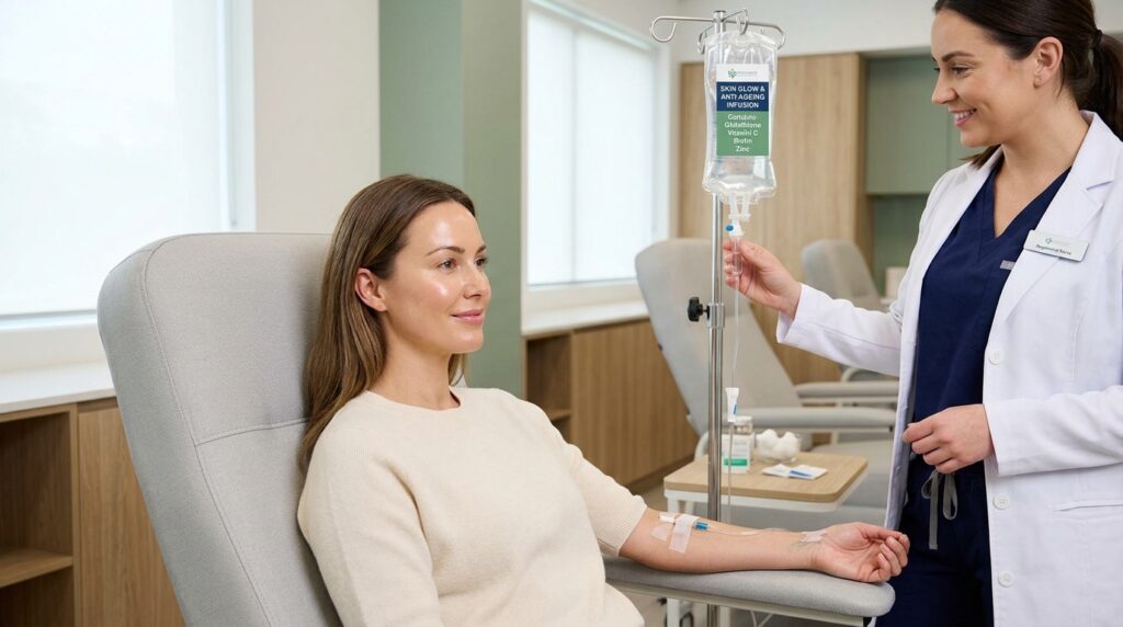 Patient receiving skin glow and anti-ageing IV drip with glutathione, vitamin C, biotin, and zinc to improve skin tone, reduce pigmentation, and support collagen production.