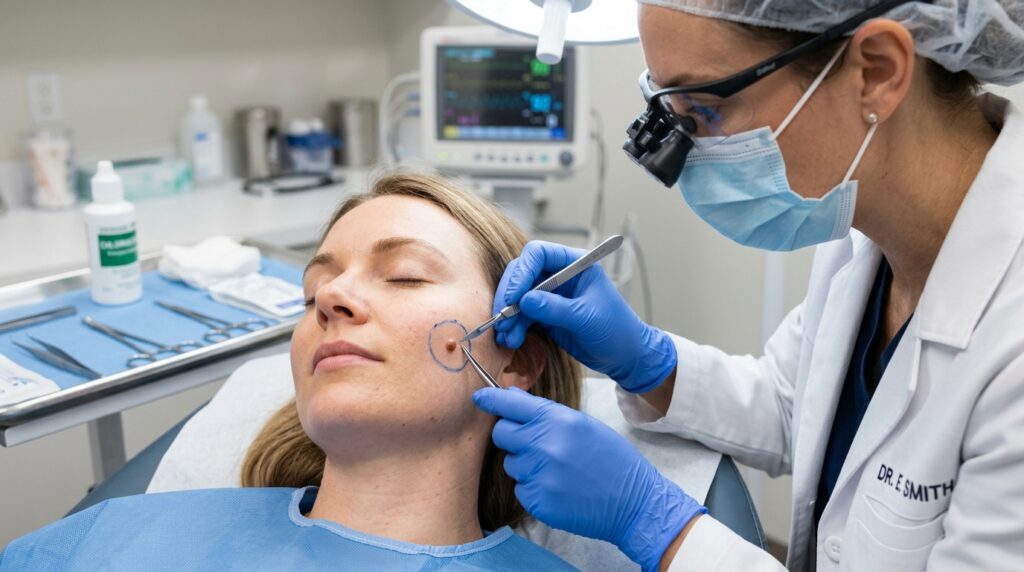 Practitioner assessing facial mole before cosmetic removal procedure