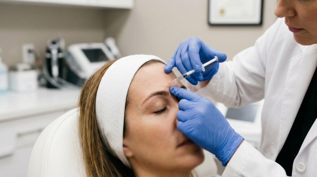 Practitioner administering precise botox brow lift injection at lateral brow area at Skin Esthetics Clinic Romford