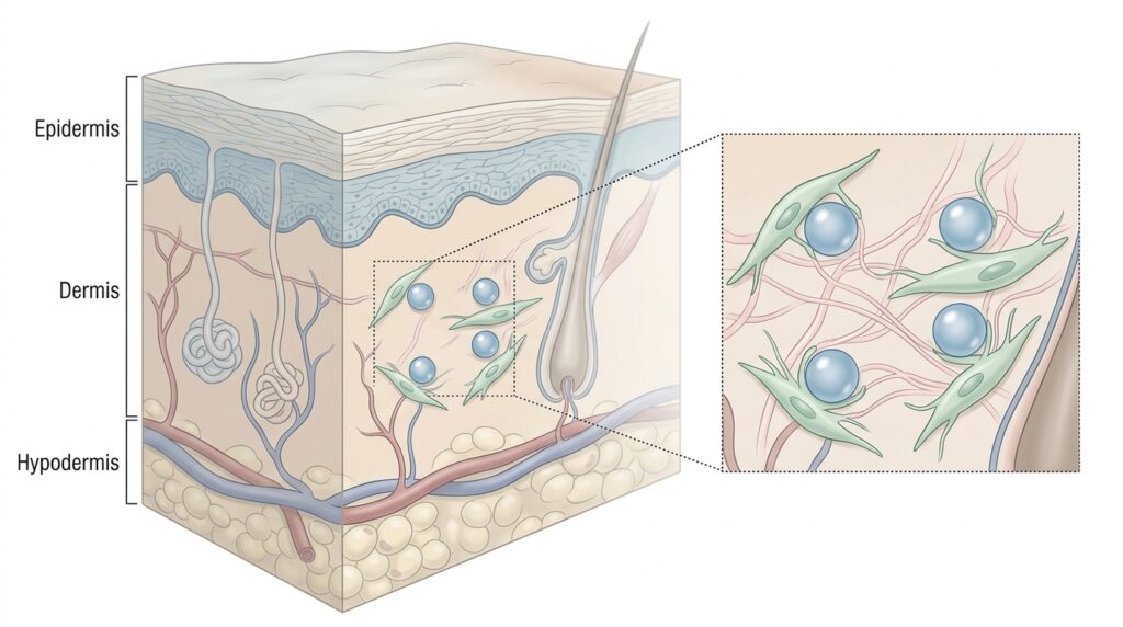 Medical illustration showing how Sculptra poly-L-lactic acid stimulates collagen production in the dermis