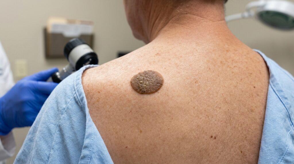 Seborrhoeic keratosis on upper back during clinical examination