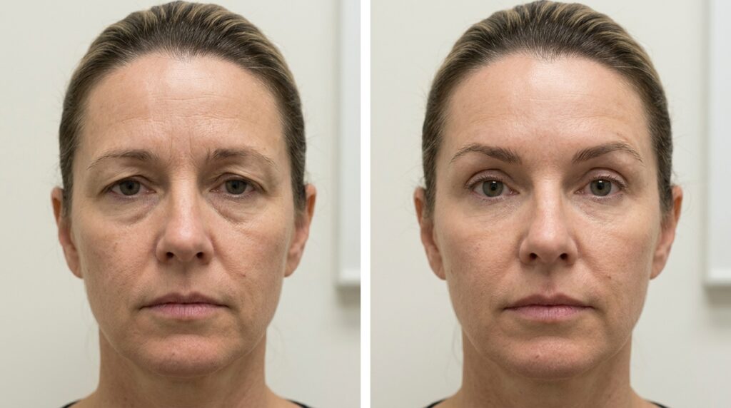 Clinical comparison showing the visual impact of brow descent versus lifted brow position on facial expression and eye area appearance