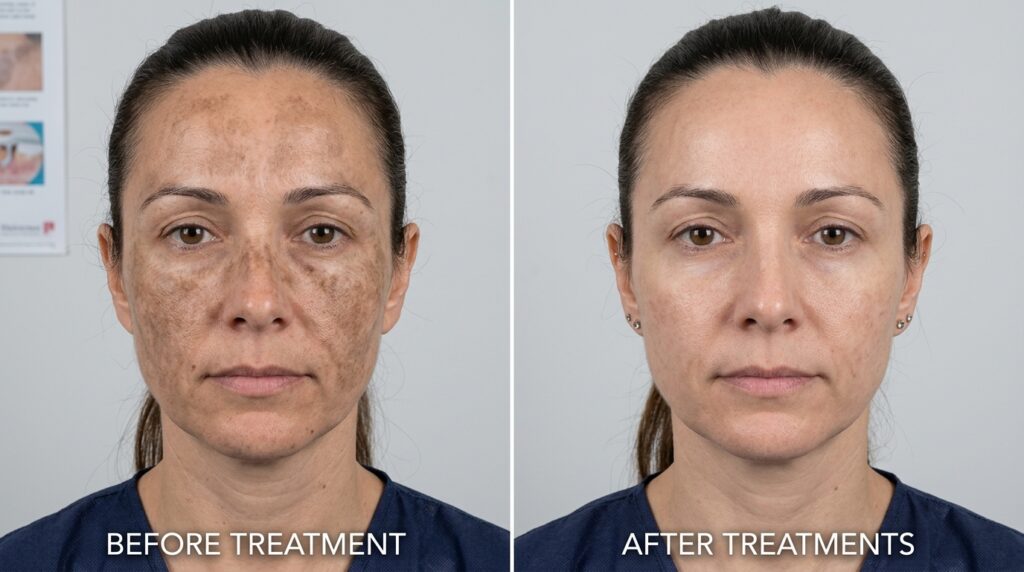 Real clinical before and after photo showing reduced melasma pigmentation after treatment at Skin Esthetics Clinic Romford
