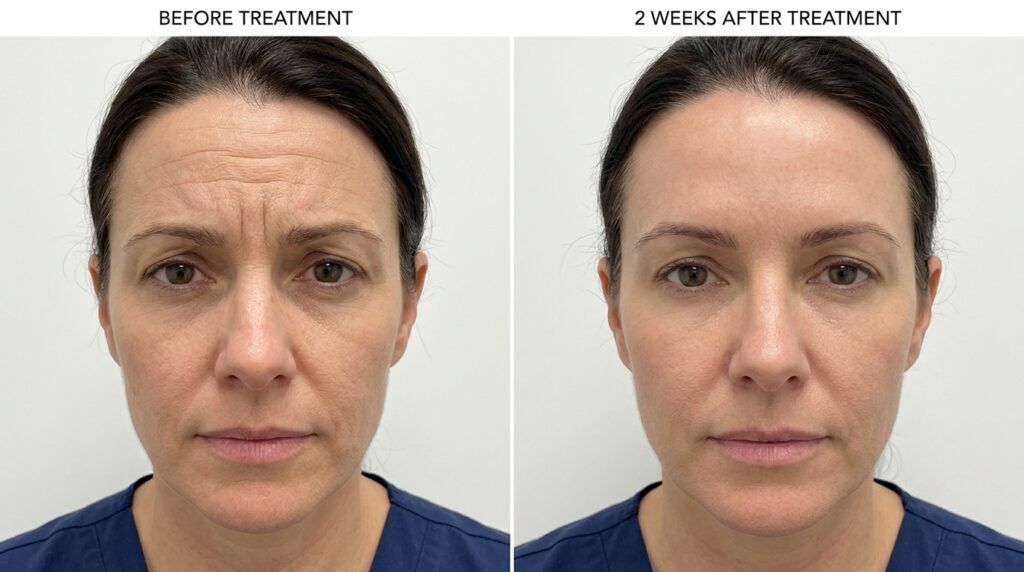 Real clinical before and after showing smoothed forehead lines and frown lines after anti-wrinkle injections at Skin Esthetics Clinic Romford
