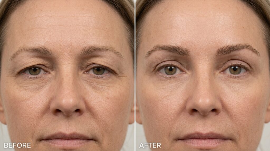 Real clinical before and after showing reduced hooded eyes after botox brow lift treatment at Skin Esthetics Clinic Romford