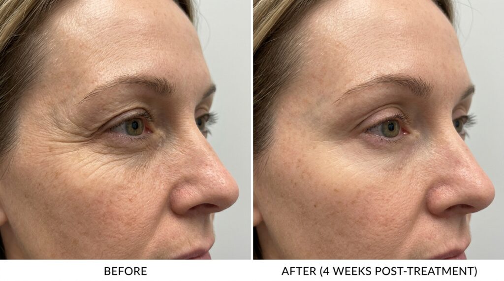 Real clinical before and after showing reduced crow's feet after anti-wrinkle injection treatment at Skin Esthetics Clinic Romford