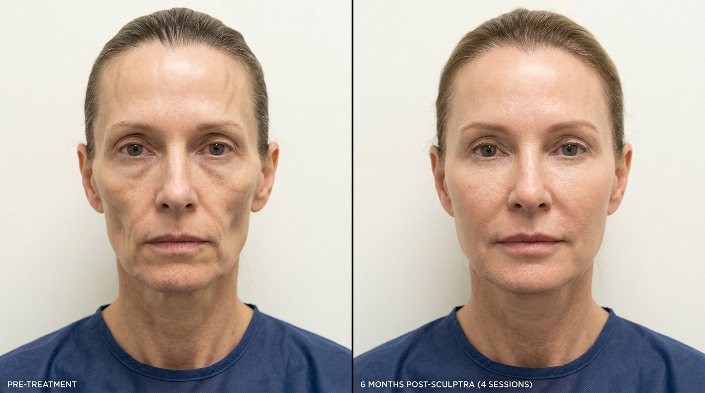 Real clinical before and after showing restored facial volume after Sculptra treatment at Skin Esthetics Clinic Romford
