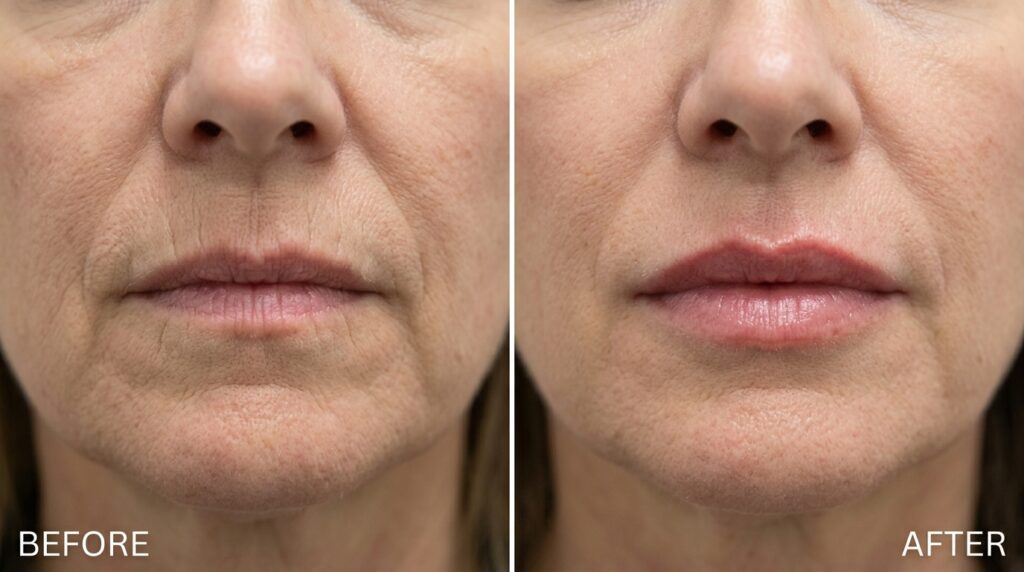 Real clinical before and after showing reduced lip lines and improved lip definition after wrinkle treatment at Skin Esthetics Clinic Romford