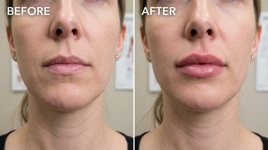 Real clinical before and after showing natural lip volume and definition improvement after lip filler treatment at Skin Esthetics Clinic Romford