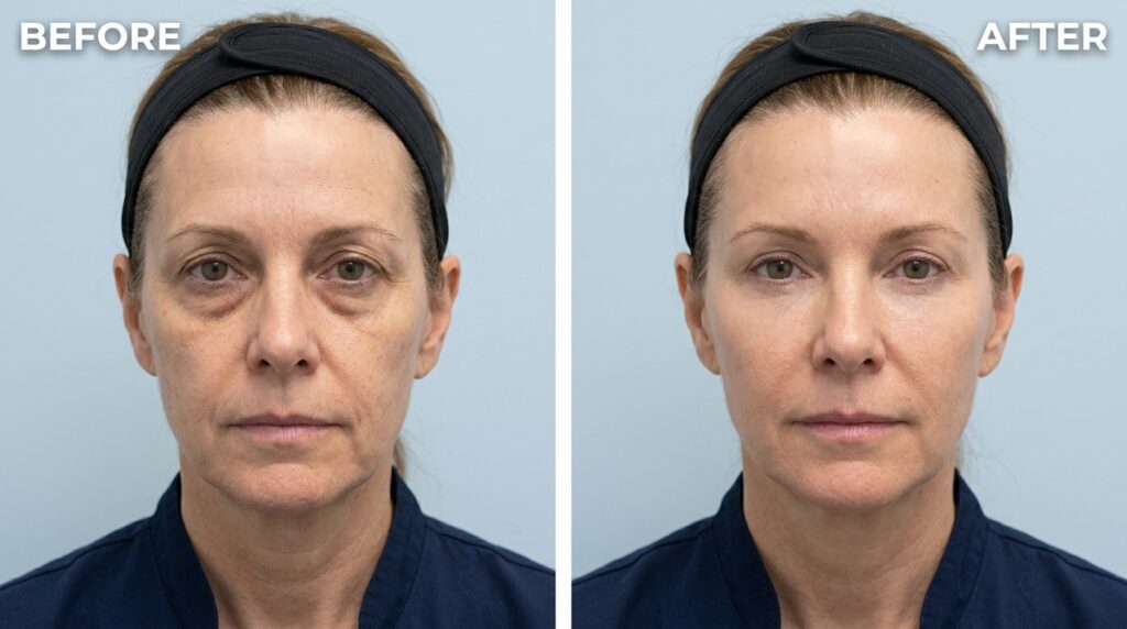 Real clinical before and after showing improved under eye wrinkles and reduced hollowing after treatment at Skin Esthetics Clinic Romford