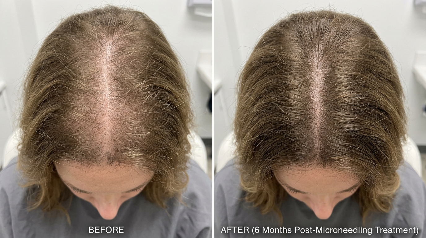 Real clinical before and after photo showing improved female hair density after microneedling for hair loss at Skin Esthetics Clinic Romford