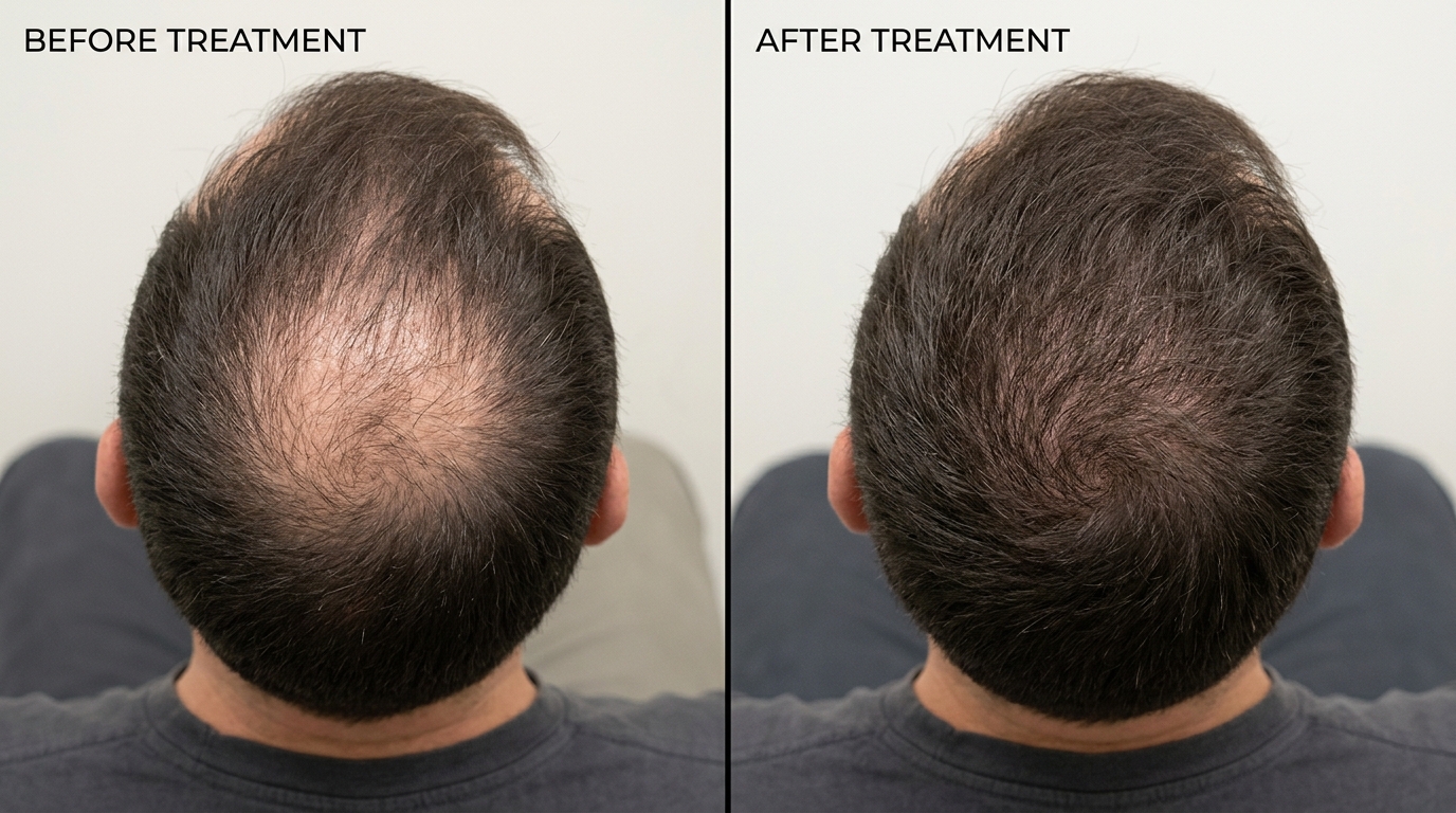 Real clinical before and after photo showing improved male crown density after microneedling hair loss treatment at Skin Esthetics Clinic Romford